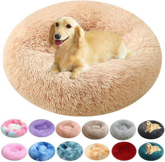 Calming Donut Dog Bed, 24 Inch Round Fluffy Cats Beds for Small Medium Dogs and Cats, Washable Anti-Anxiety Plush Dogs Beds Mute Base Warming Cozy Soft Pet Puppy Bed, Yellow