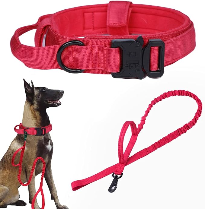 Tactical Dog Collar and Leash Set Adjustable Military Nylon Dog Collar with Control Handle and Heavy Duty Metal Buckle for Large Dogs（Red XXL