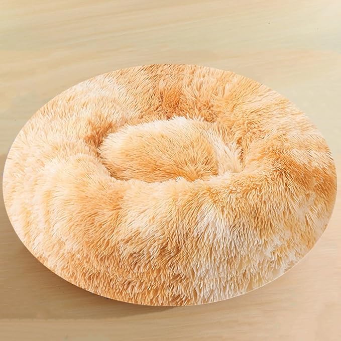 Dog & Cat Bed, 27 Inch Cat Beds for Indoor Cats, Calming Donut Bed for Small Medium Dogs and Cats, Anti-Anxiety Plush Faux Fur Large Cat Beds Washable, Yellow White
