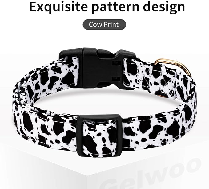 Cotton Dog Collar,Soft and Cute Puppy Collars with Crow Patterned Design for Girl Female Boy Dogs,Adjustable Buckle Pet Collar for Small Medium Large Dogs (Cow Print, L)