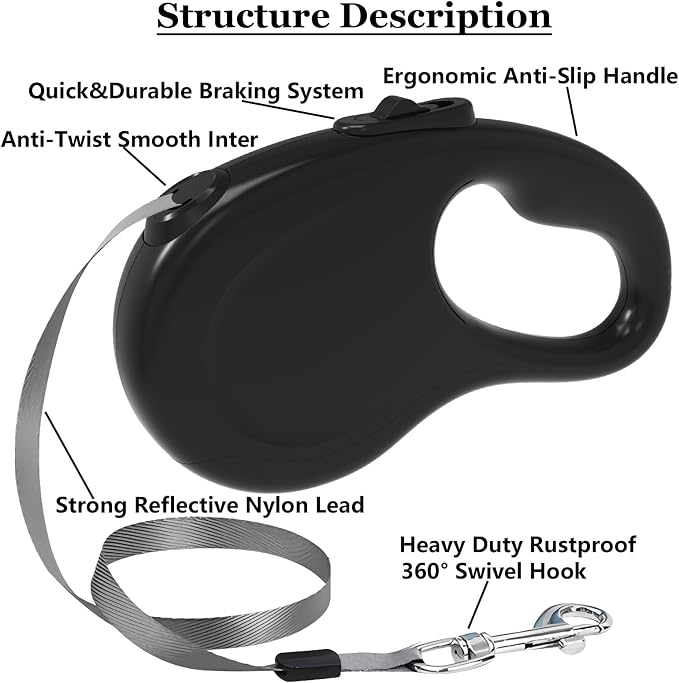 Retractable Dog Leash, 16Ft/5M Light Weight Retractable Leash for Small Medium Dogs/Cats Up to 50lbs, Strong Nylon Tape 360° Tangle-Free One-Hand Brake (Black)
