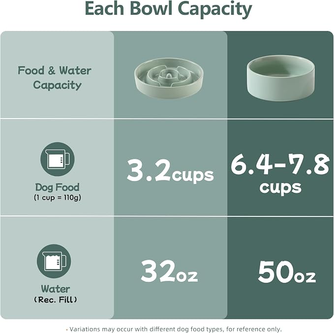 Havniva 9.5” Raised Slow Feeder Dog Bowls Set, 3.2 Cups Ceramic Slow Feeder Dog Bowl and 8.2” Dog Water Bowl with Elevated Wooden Stand Puzzle Dog Food Bowl for Large Dogs Anti-Gulping & Anti-Choking