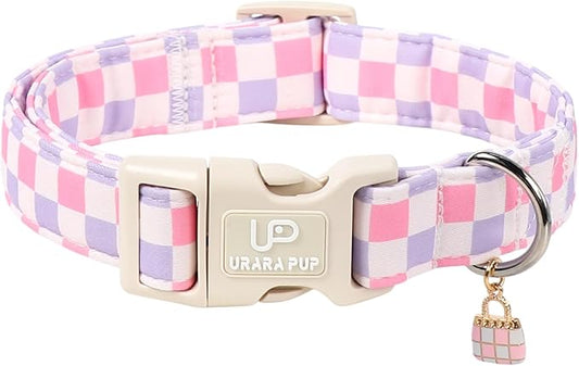 Cute Plaid Cotton Dog Collar, Pink Purple Checkered Dog Collar, Soft Adjustable Puppy Collars with Charm & Quick Release Buckle for Small Medium Large Dogs