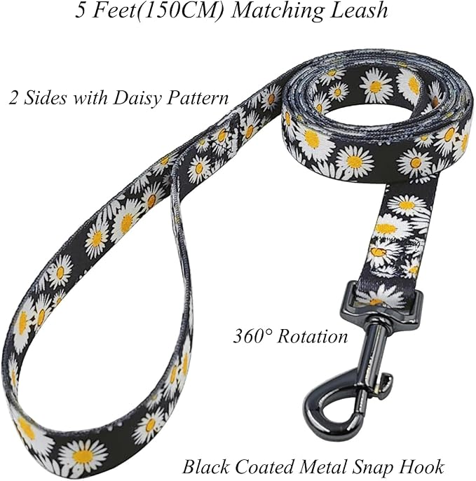 Dog Collar and Leash Set, Cute Daisy Pattern, Polyester Material, 5ft Leash, for Large Dogs.(Large,Black Daisy)
