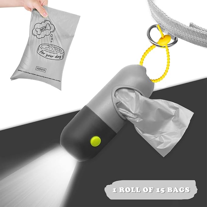 Dog Poop Bag Holder with LED Flashlight for Night Walks,Silicone Tether &Dachshund Pattern Clip for Used Bags, Hands-Free Metal Leash Carabiner, 15 Scented Waste Bags (Gray)