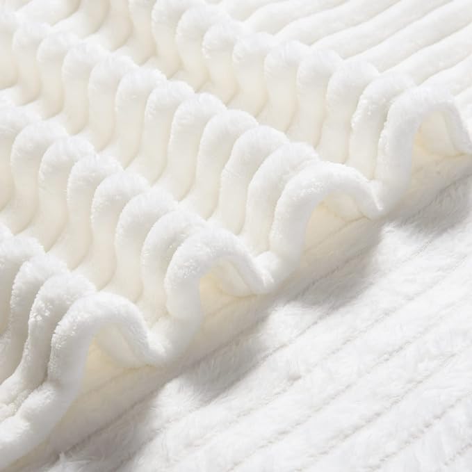 Bnuitland Fleece Throw Blanket for Couch, 300GSM Soft Warm Cozy Fluffy White Throw for Adults & Kids, Stripe Pattern 50"x60", All Season Sofa Bed Blanket for Home Decor
