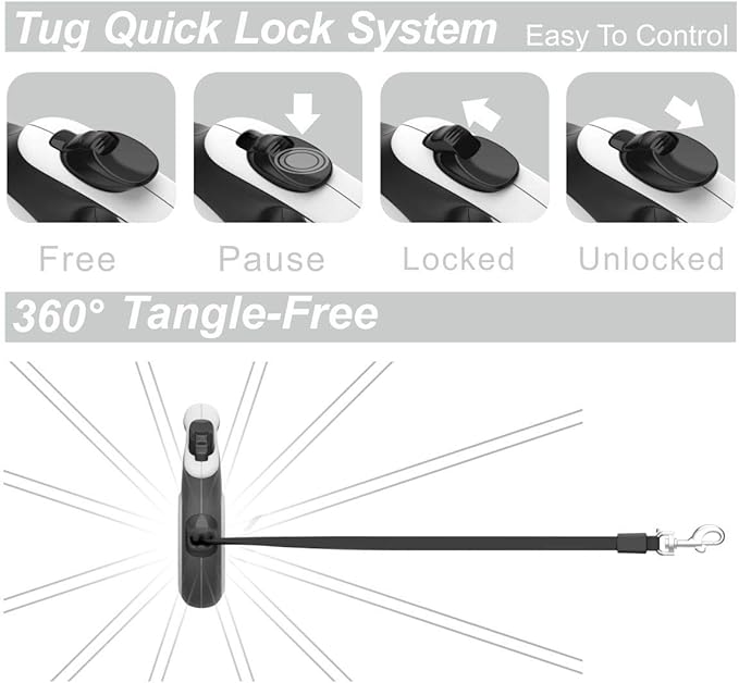 TUG Tiny 360° Tangle-Free Retractable Dog Leash with Anti-Slip Handle | 10 ft Nylon Tape| One-Handed Brake, Pause, Lock (White)
