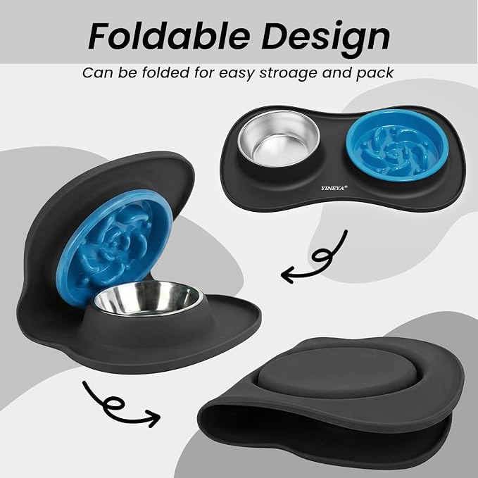 YINEYA 3 in 1 Slow Feeder Dog Bowls & Stainless Steel Food and Water Bowl with Non-Spill Dog Bowl Mat, Anti-Choking Puppy Bowls, Floor Safe & Easy Clean for Large Medium Small Dogs Cats