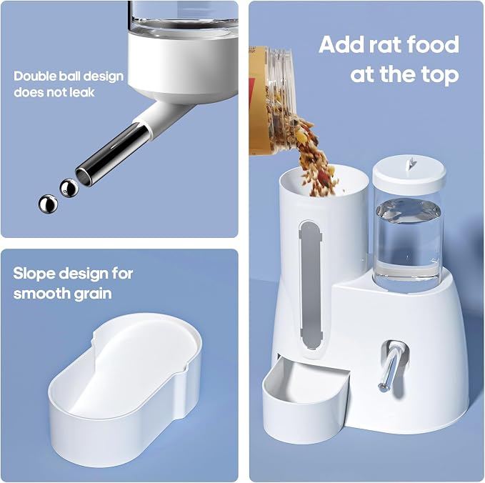 2 in 1 Hamster Water Bottle - Automatic Food Bowl, No Drip Small Animal Water Bottle Dispenser, for Syrian Dwarf Hamsters, Gerbils, Mouse, Hedgehog, Hamster Cage Accessories (Blue, Large)