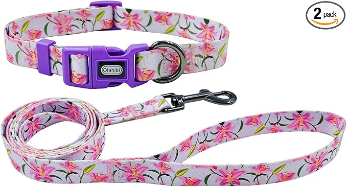 Dog Collar Leash Set, Floral Pattern, Polyester Material, Adjustable Collar and 5ft Matchcing Leash, for Small Dogs.(S, Purple Lily)