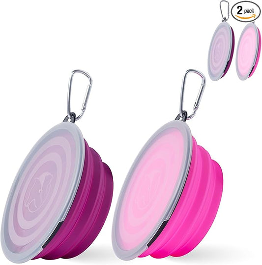 SLSON Dog Bowls Pet Collapsible Bowl with Cover Lids,2 Pack Dog Travel Bowls Portable Foldable Cat Water Dish Bowl for Pets Walking Parking Camping (Pink and Purple, Medium)