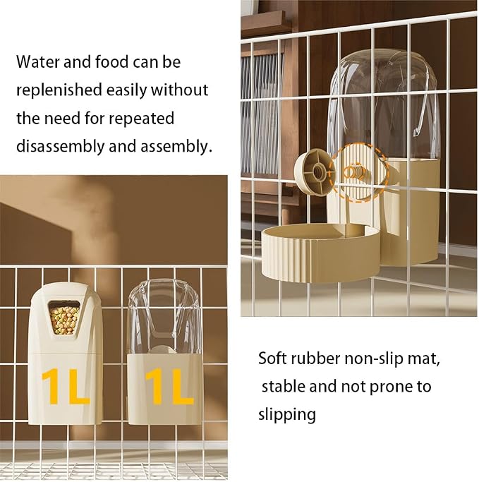 Hanging Pet Feeder Water Dispenser Set - 2-in-1 Gravity Food Water Bowl for Cats Small Dogs Rabbits, Cage Mounted No-Spill Pet Feeding Station (Grey)