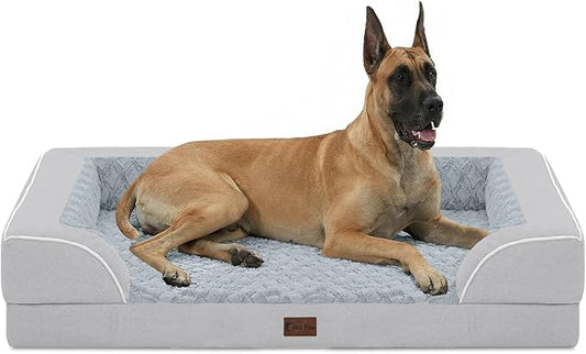Orthopedic Dog Beds for Extra Large Sized Dogs 53x42 Inch, XXL Waterproof Egg Crate Foam Dog Sofa Bed with Removable Washable Cover Big Pet Couch with Bolster & Non-Slip Bottom, Light Grey