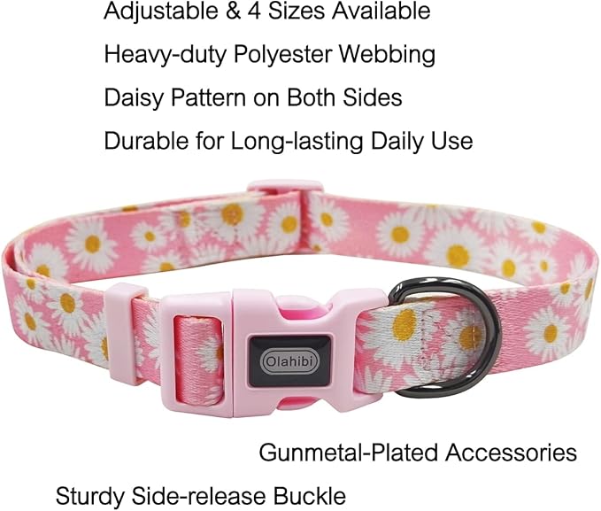 Dog Collar Leash Set, Floral Pattern, Polyester Material, Adjustable Collar and 5ft Matchcing Leash, for Medium Dogs.(M, Light Pink Daisy)