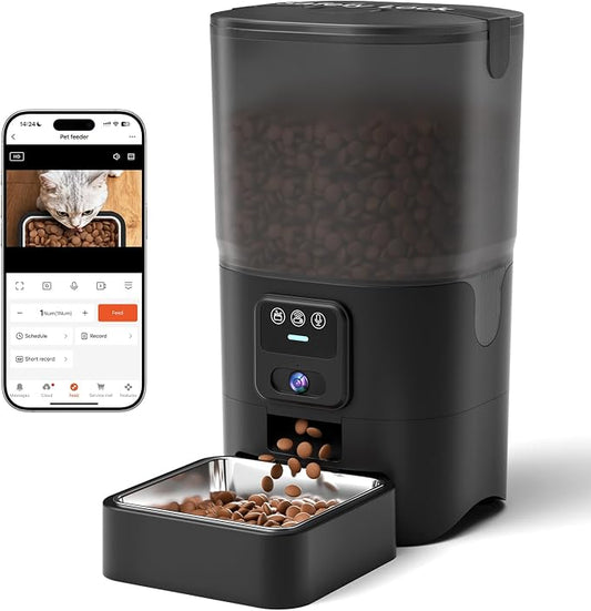 PAPIFEED Automatic Cat Feeder with Camera, 1080P HD & Night Vision, 6L Cat Food Dispenser with App, 5G WiFi Timed Cat Feeder for Dry Food, 2-Way Audio, Smart Pet Feeder for Dog, 1-10 Meals/Day, Black