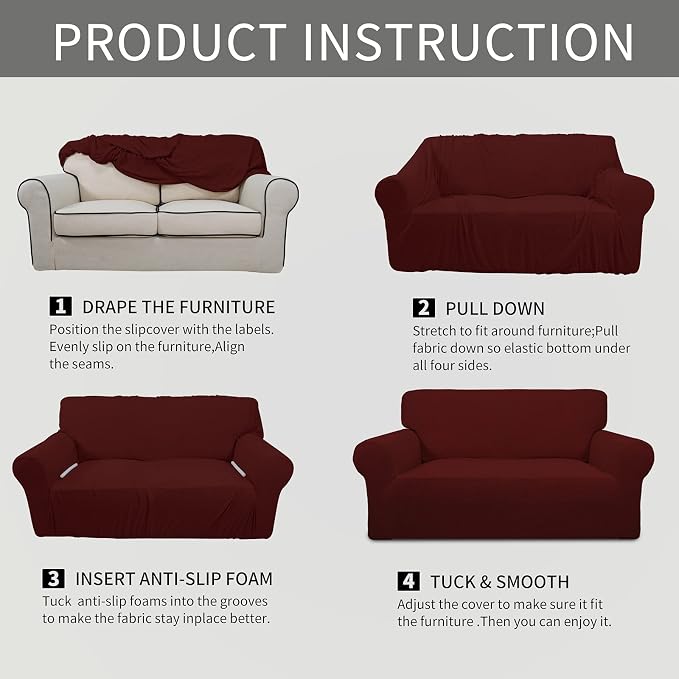 Easy-Going Stretch Sofa Slipcover 1-Piece Sofa Cover Furniture Protector Couch Soft with Elastic Bottom for Kids, Polyester Spandex Jacquard Fabric Small Checks (Sofa, Wine)