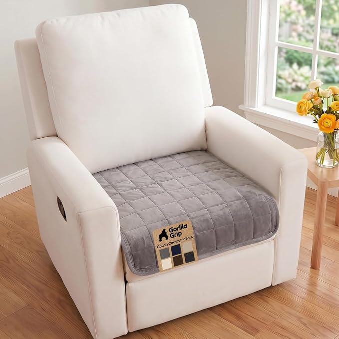 GORILLA GRIP Slip and Leak Resistant Plush Quilted Recliner Cushion Cover Blanket, Soft Couch Covers for Sofa Dogs, Machine Washable Furniture Protector Pet Friendly Couches, Gray, 28x28 Inches