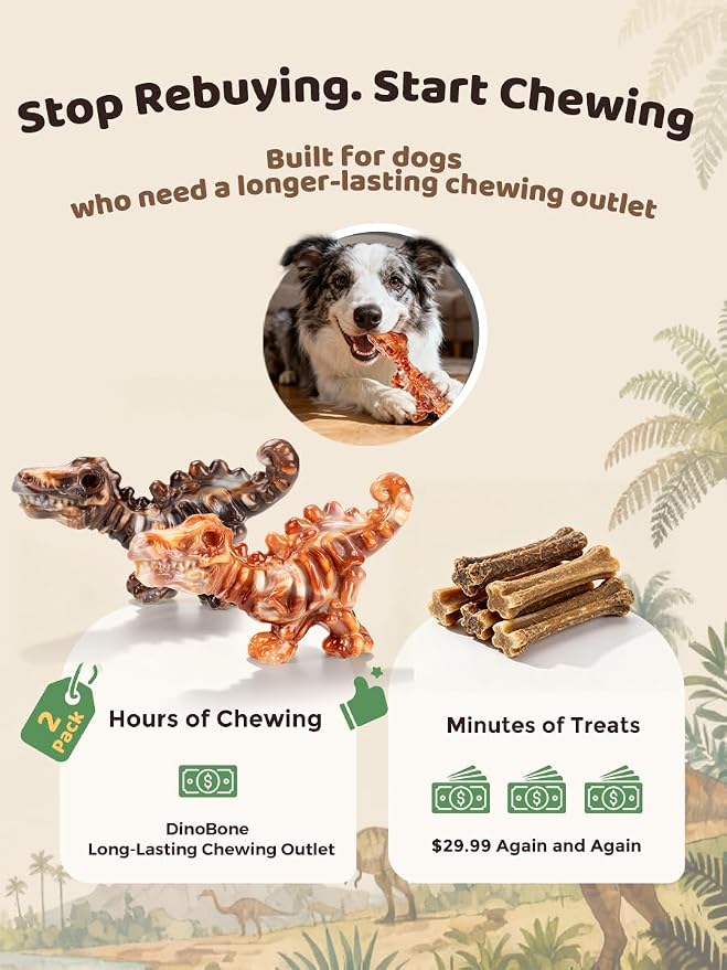 DinoBone Dog Chew Toys for Aggressive Chewers, 2 Pack Tough Nylon Dinosaur Bones for Large Dogs 20–90 lbs, Long Lasting Chewing Outlet, Helps Redirect Destructive Chewing, Bacon Flavor
