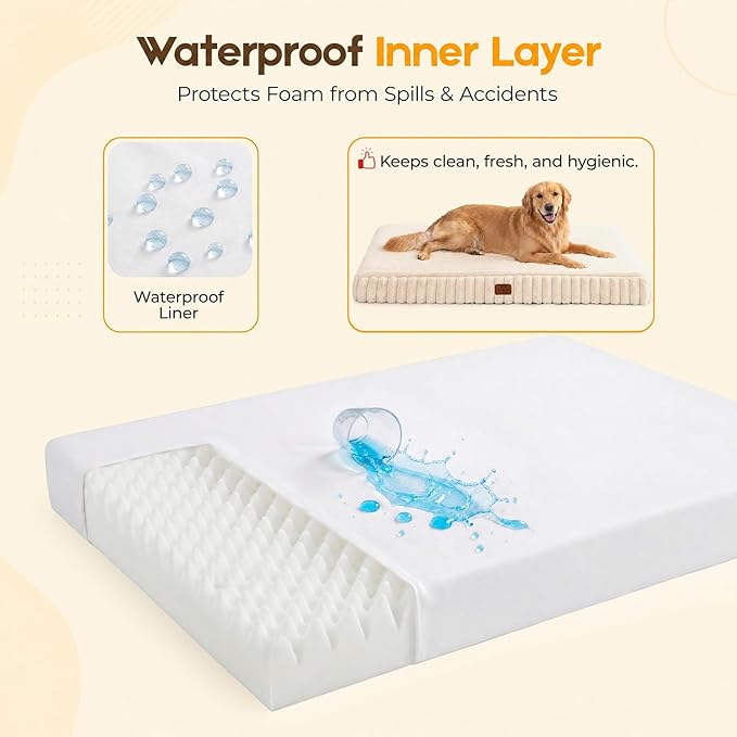Orthopedic Dog Bed for Extra Large Dog, Waterproof Pet Bed,Non-Slip Bottom and Egg-Crate Foam with Removable Washable Cover Crate Bed,Cream,42"x30"x4"