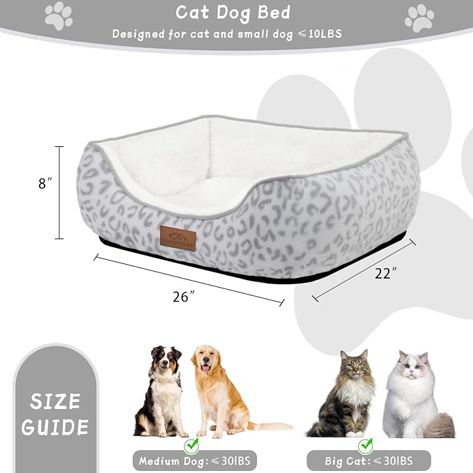 Zerbuger Rectangle Cat Dog Bed for Large Medium Small Pets Indoor Outdoor Machine Washable Sleeping Sofa Non-Slip Bottom Soft Puppy Bed Durable Orthopedic Calming Pet Cuddler (Medium, White Leopard)