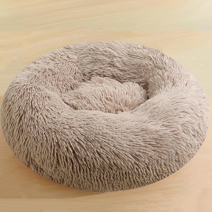 Calming Donut Dog Bed Cat Bed, 20 Inch Fluffy Anti-Anxiety Washable Cute Round Bed, Plush Cuddler Warming Cozy Soft Comfort Pet Puppy Bed for Small Medium Dogs and Cats, Khaki