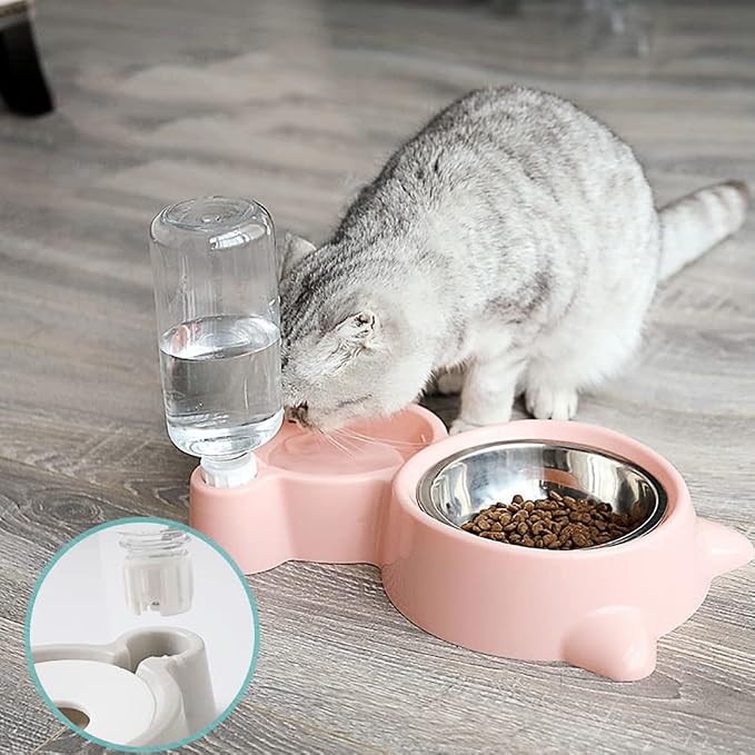Double Dog Cat Bowls, Pets Water and Food Bowl Set with Detachable Stainless Steel Bowl, Automatic Water Dispenser Bottle No-Spill Pet Feeder for Cats Puppy and Small Dogs (Pink)