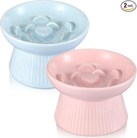Layhit 2 Pack Raised Slow Feeder Cat Bowls Ceramic Elevated Cat Food Bowls Anti Vomiting Slow Feeder for Dog and Kitten for Dry and Wet Food(Blue, Pink)