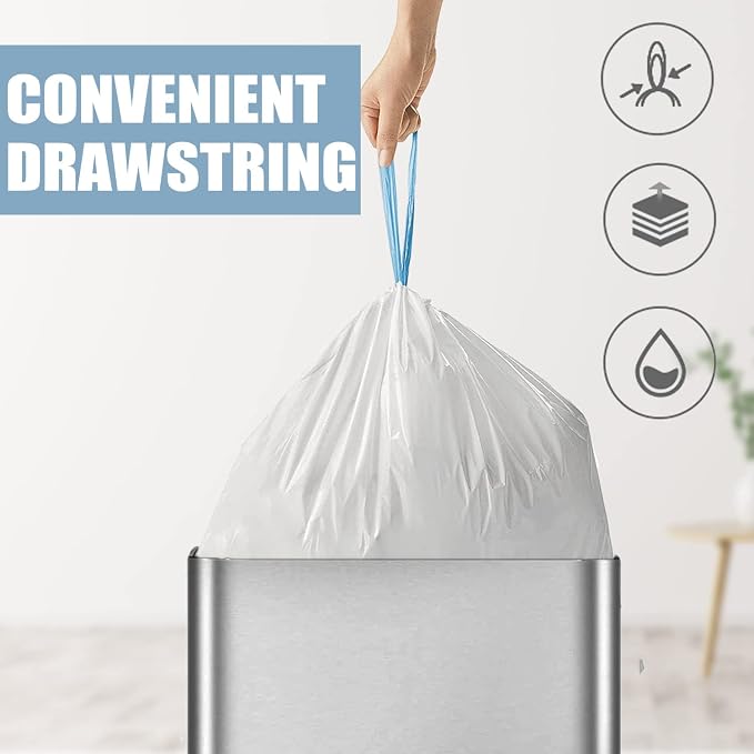 Drawstring 8 Gallon Trash Bags - Tear-Free Medium Trash Bags, Unscented 8 Gal Garbage Bags, 45 Count