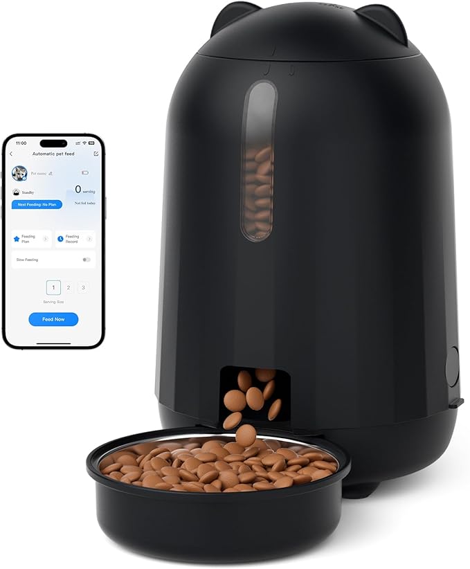 PAPIFEED Automatic Cat Feeder with App, 2.4G WiFi Cat Food Dispenser, 3L Timed Cat Feeders for Dry Food, Slow Feeding Mode, Dual Power Supply Smart Pet Feeder for Cat, Black