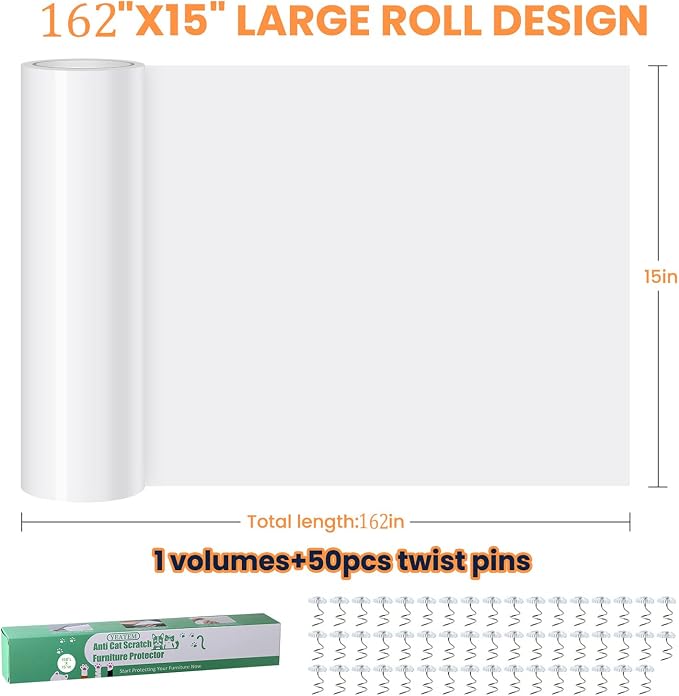 [Thicken Vinyl] Cat Scratch Furniture Protector, 165"x15" Couch Protector from Cat Claws, Single-Sided Sticky Anti Scratch Furniture Protector,Extended Size Protects More Furniture+50 Fixing