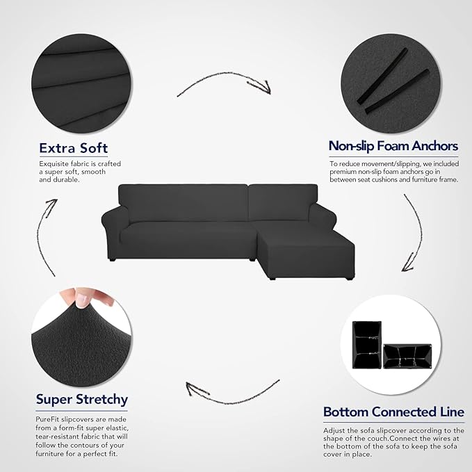 PureFit Super Stretch Sectional Couch Covers - 2 pcs Spandex Non Slip Sofa Covers with Elastic Bottom for L Shape Sectional Sofa Couch, Great for Kids & Pets (3 Seat Sofa + 2 Seat Chaise, Dark Gray)