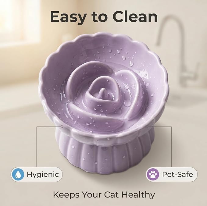 Ceramic Cat Slow Feeder, Raised Slow Feeder Cat Bowl, Anti Vomiting and Whisker Friendly Kitty Dish, Elevated Puppy Kitten Food Bowl for Dry and Wet Food (Purple)