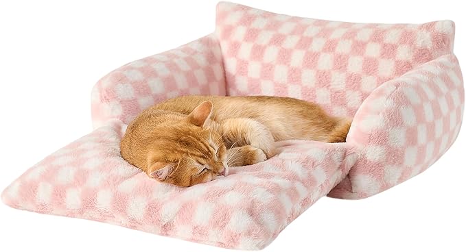 Hollypet Cat Bed Fluffy Plush Multifunctional Double-Layer Machine Washable Soft Warming Kitty Pet Couch Orthopedic Nest Beds for Small Cats Kitten and Dogs up to 13lbs, Pink and White(21x15x8 inch)
