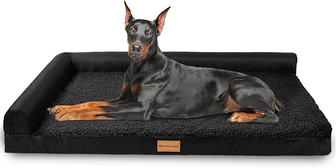 Patas Lague Orthopedic Jumbo Dog Bed for Extra Large Dogs 56''X40'', Waterproof L Bolster Jumbo Pet Sofa Beds with Removable Washable Cover, Soft Pet Couch Crate Mat with Nonskid Bottom, Black