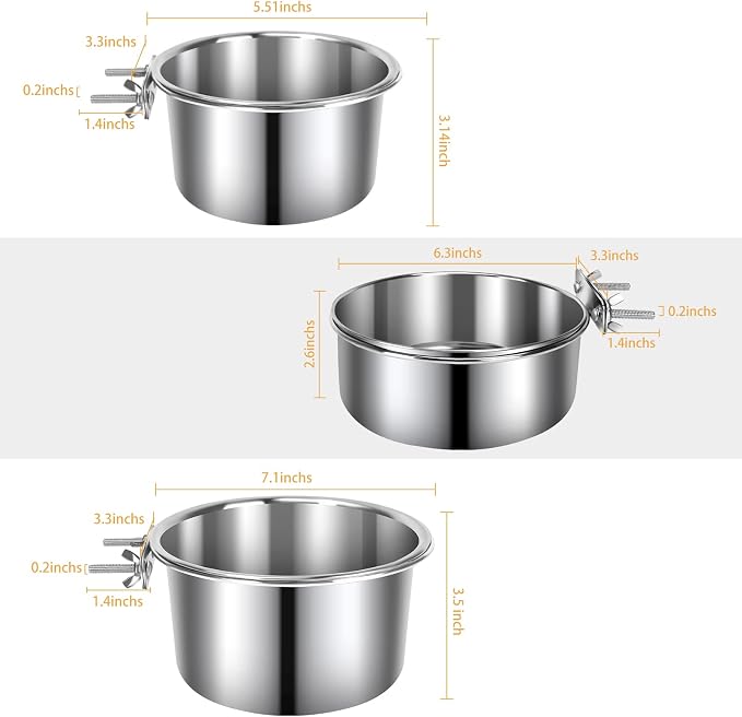 3 Pcs Large Pet Dog Food Water Bowl for Cage Stainless Steel Kennel Hanging Cats Pets Bowls with Clamp Holder Crate Feeder Dish for Medium Large Dogs (7.1x3.5'' & 6.3x2.6'' & 5.5x3.1'')