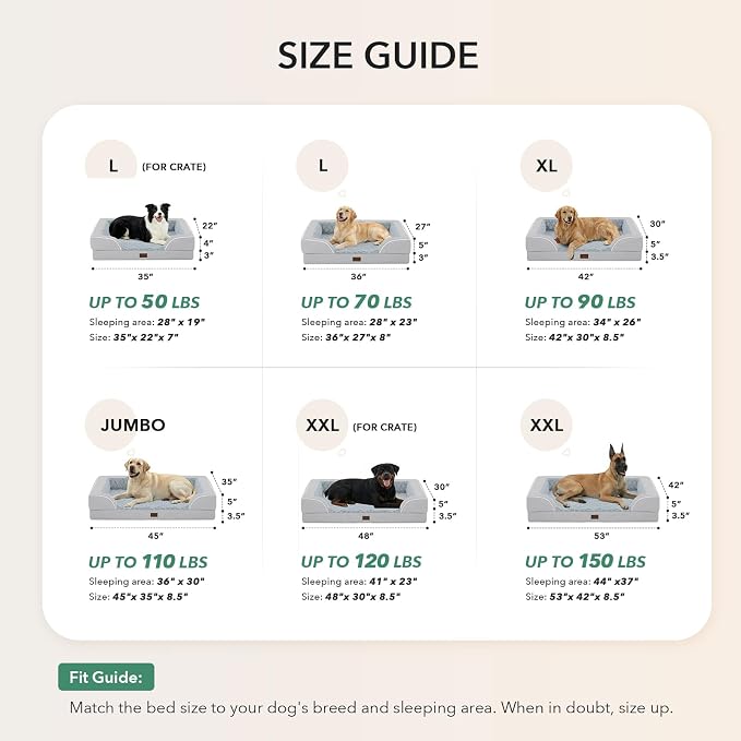 Orthopedic Dog Beds for Large Sized Dogs 36x27 Inch, Waterproof Egg Crate Foam Dog Sofa Bed with Removable Washable Cover Big Pet Couch with Bolster & Non-Slip Bottom, Light Grey