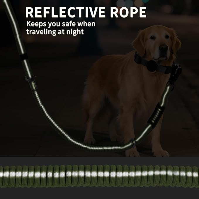 Heavy Duty Tactical Dog Leash, 4-6FT Shock Absorbing Bungee Lead with 2 Padded Handles, Metal Carabiner & Seatbelt Clip, Reflective No-Pull Leash for Medium/Large Dogs (ArmyGreen)