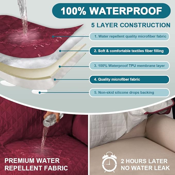 Turquoize 100% Waterproof Sofa Covers Chaise Lounge L Shape Sofa Protector Slip Cover Triple Non-Slip Sofa Slipcover for Sectional Couch Cover for Pets, Kids (Chaise, Burgundy)