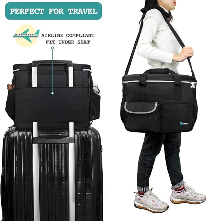 PetAmi Dog Travel Bag Organizer, Pet Travel Kit with 2 Food Containers & 2 Collapsible Dog Bowls, Pet Supplies Tote with Luggage Sleeve, Weekend Road Trip Camping Essentials, Black, Medium