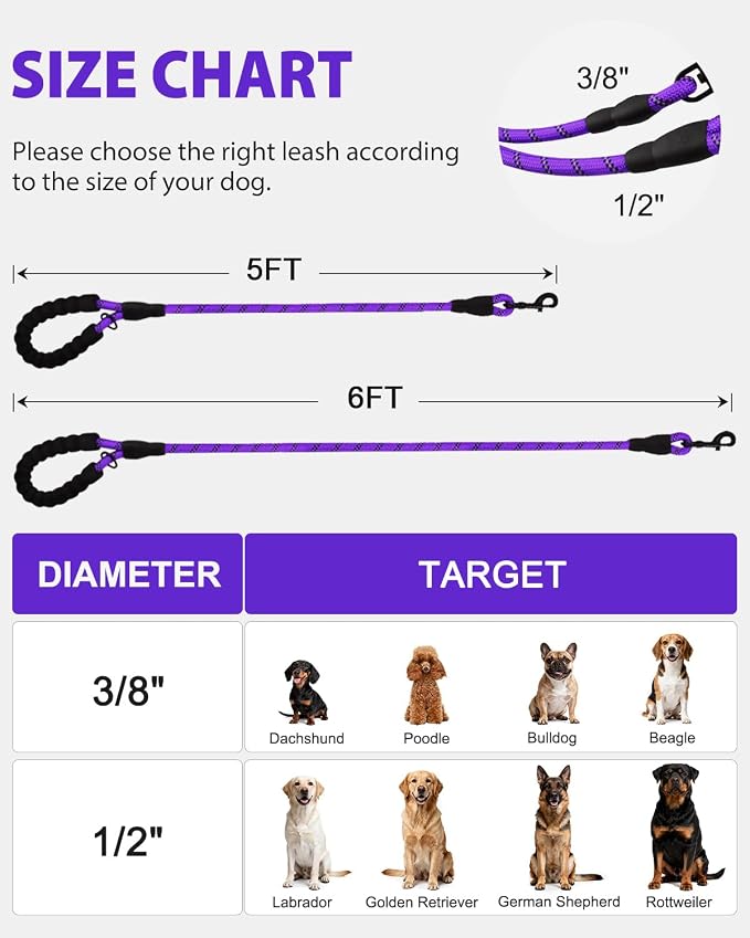 Joytale Dog Leash for Large Dogs, Heavy Duty Nylon Leashes with Comfortable Padded Handle and Highly Reflective Threads, Ideal for Walking and Training, Purple, 5'×1/2''