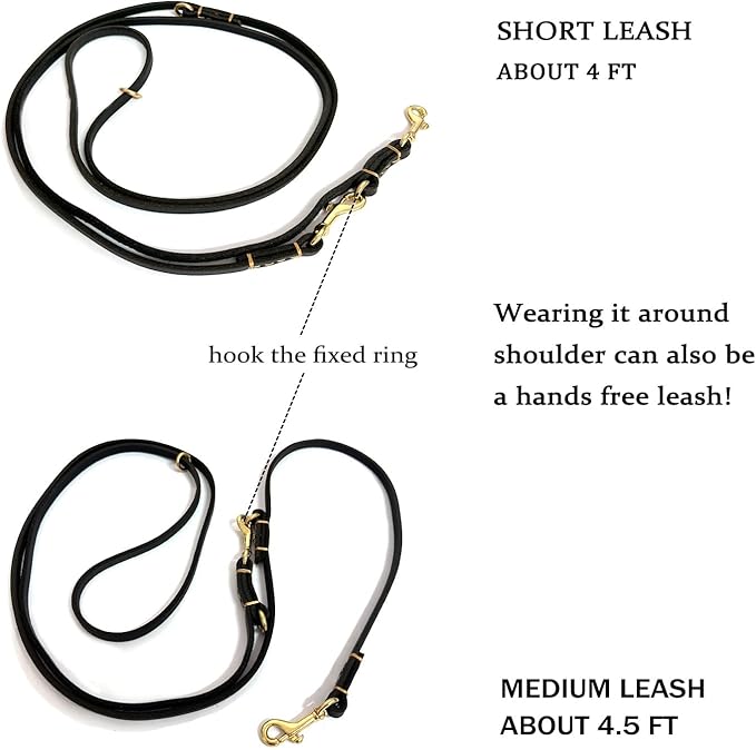Multi Function 8ft Genuine Leather Hands Free Dog Training Leash for Puppy Small and Medium Dogs (8 Foot*3/8 inch, Black)