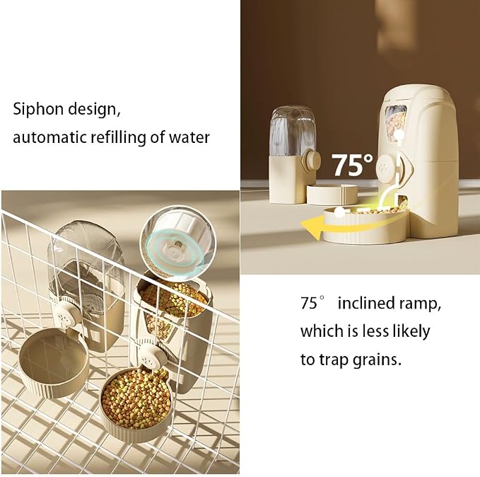 Hanging Pet Feeder Water Dispenser Set - 2-in-1 Gravity Food Water Bowl for Cats Small Dogs Rabbits, Cage Mounted No-Spill Pet Feeding Station (Grey)