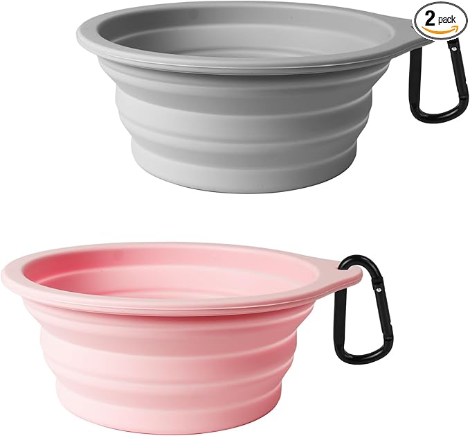 PetBonus 2-Pack Large Silicone Collapsible Dog Bowls, 34oz/1000ml BPA Free Portable Foldable Travel Bowl for Pet Cat, Food Water Feeding Dish for Camping with 2 Carabiners (Grey, Chalk Pink)