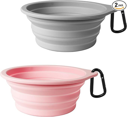 PetBonus 2-Pack Large Silicone Collapsible Dog Bowls, 34oz/1000ml BPA Free Portable Foldable Travel Bowl for Pet Cat, Food Water Feeding Dish for Camping with 2 Carabiners (Grey, Chalk Pink)