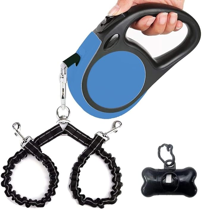 Dual Retractable Dog Leash for Large Dogs (Up to 110 Lbs Each) - Double Headed 18.5 ft Extendable Pet Leash with Poop Bags, Non Slip Grip - One Button Break & Lock, 360 Tangle-Free (Blue, Large)