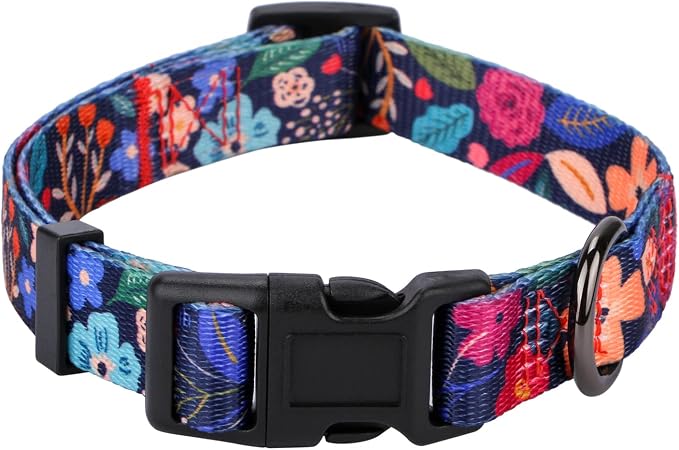 Dog Collar for Large Dogs Special Design Cute Black Floral Plant Pattern Girl Female Pet Collar (Black, L)
