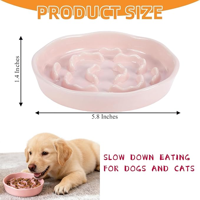 Pet Feeding Bowls, Ceramic Slow Feeder Dog Bowl - Heavy Weighted Blue Bloom Food Dish for Small to Medium Dogs - Non-Slip, Microwave & Dishwasher Safe Pottery Maze to Fast Eating (Pink)