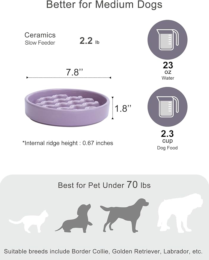 Ceramic Slow Feeder Dog Bowl, Maze Puzzle Non-Slip Silicone Base Stoneware Bowl for Small Medium Dogs, Heavy Duty Anti-Bloat Dog Food Bowl Dishwasher Safe – Purple, Medium