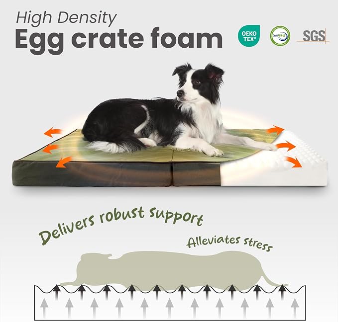 Laifug Foldable Waterproof Dog Bed for Large Dogs - Outdoor Orthopedic Dog Bed with Washable Removable Cover, Pet Mattress with Handles, Army Green, (36 x 27 x 3.5, inches)