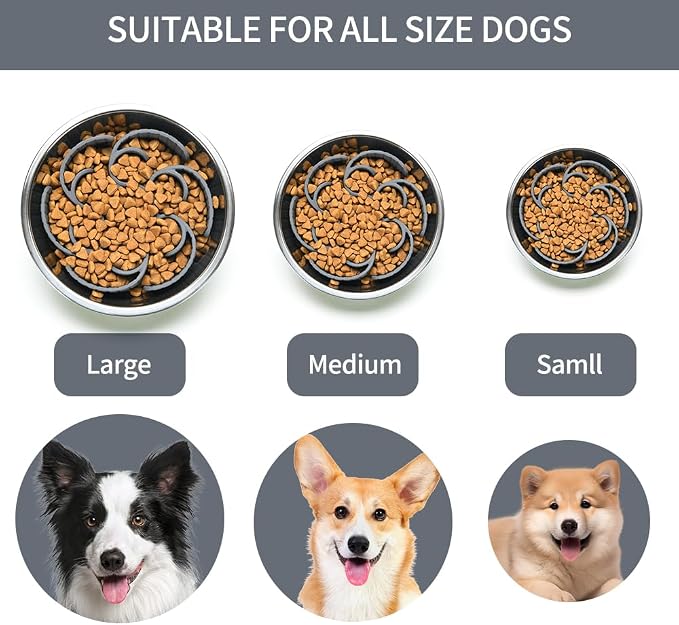 Slow Feeder Dog Bowls Insert,Third Generation upgradedSuper Firm Eating Bowl（Cuttable） for Large Breed and Medium Small Size Compatible with Regular Elevated Metal Glass Dog Bowl (Gray)